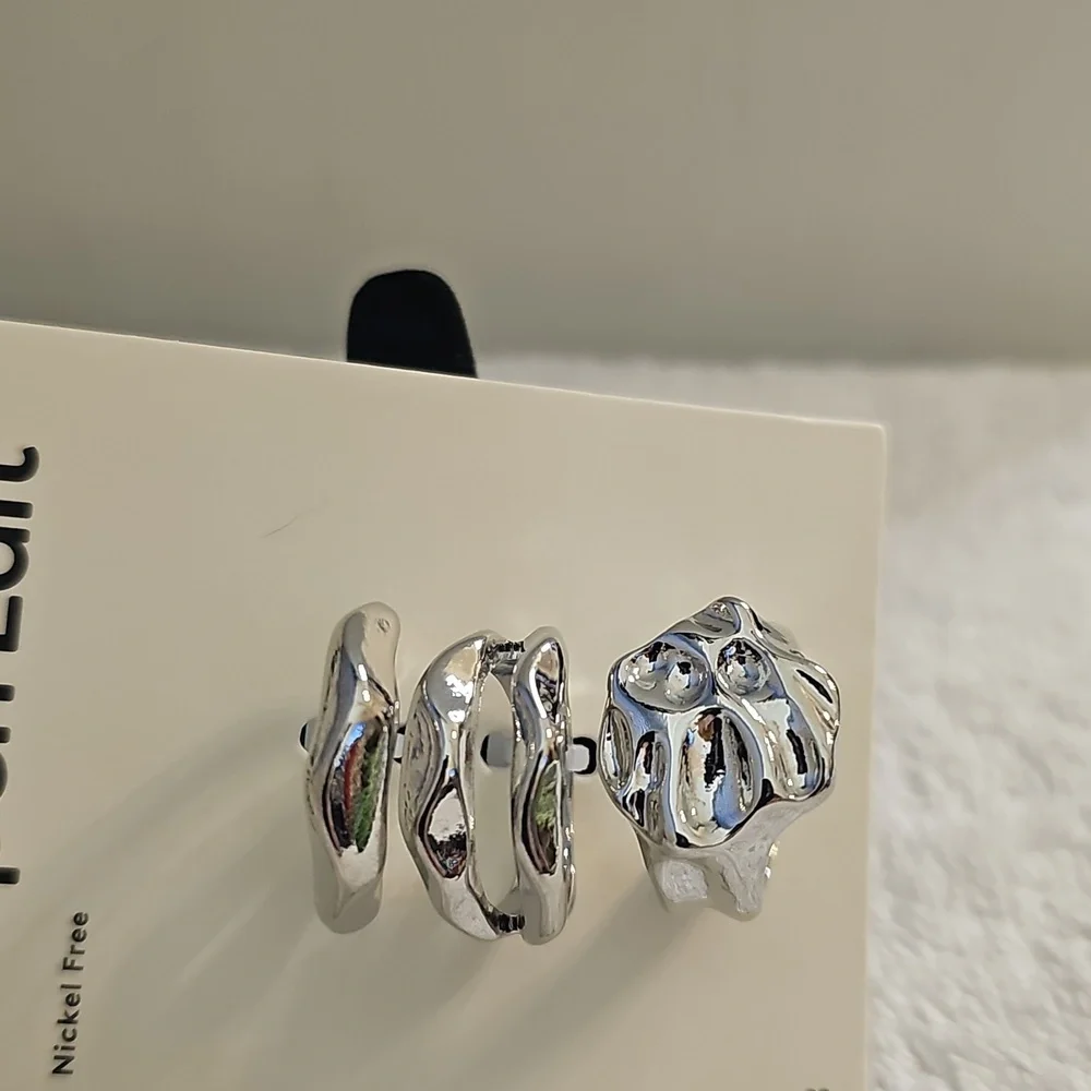 NWT Open Edit Set Of 3 Molten Rhodiun Rings Size 8 Silver - Picture 9 of 12